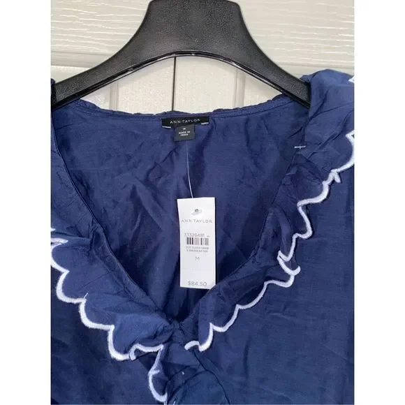 Ann Taylor NWT Scalloped Ruffle Wrap Top Navy Blue Blouse Sz Medium, MSRP $85 - Picture 4 of 10